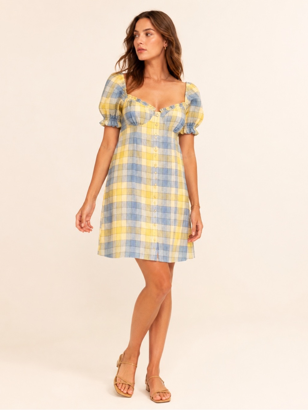 STAUD Sweetheart Plaid Linen Nap Dress Romantic Designer Butter Yellow 8